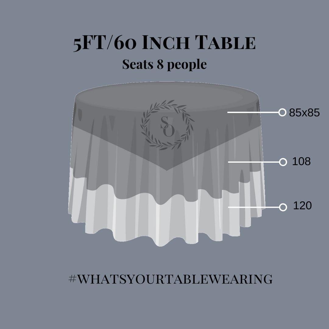 Wedding Event Linen Size Guide, What Size Tablecloth Do You Need For A 5 Foot Round Table