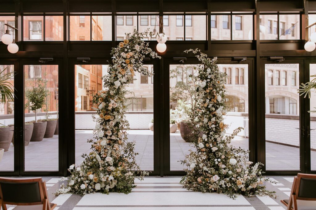 Broken arch wedding ceremony design at Shinola Hotel in Detroit